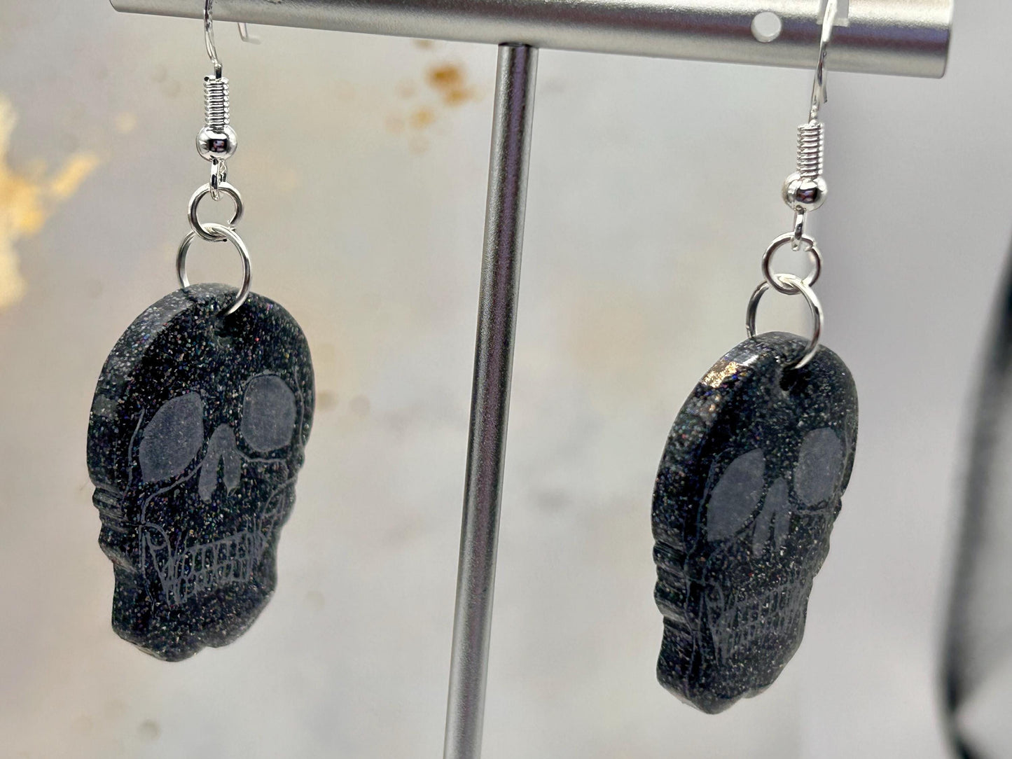Handmade Halloween Skull Earrings: Resin with Black Holographic Giltter, Stirling Silver Hooks