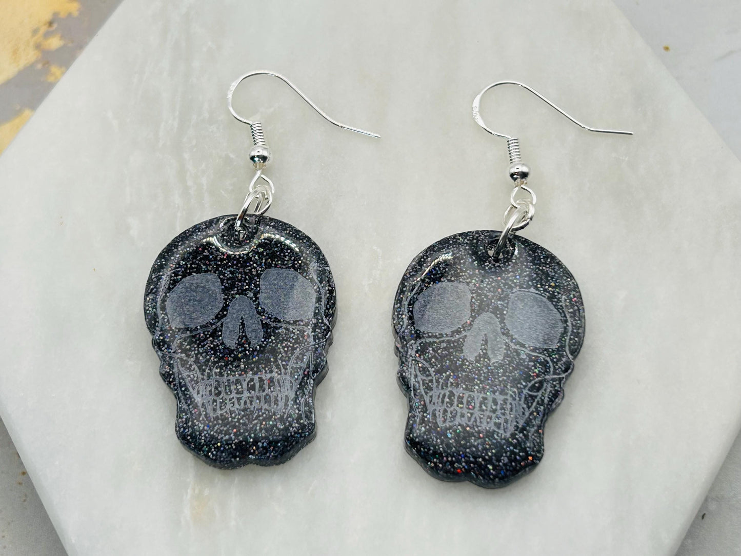 Handmade Halloween Skull Earrings: Resin with Black Holographic Giltter, Stirling Silver Hooks