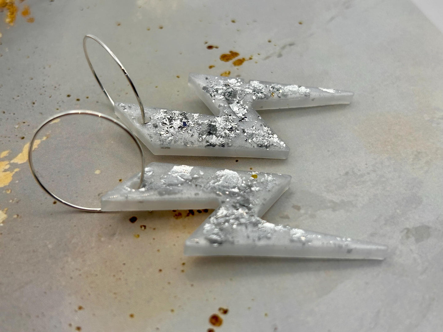 Handmade White Lightning Bolt Resin Earrings with Silver Leaf and Silver Plated Hoops