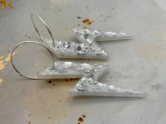 Handmade White Lightning Bolt Resin Earrings with Silver Leaf and Silver Plated Hoops