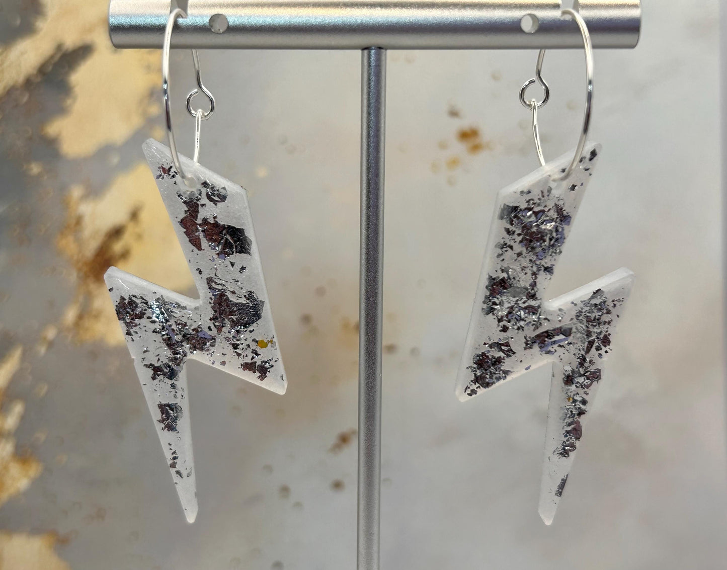 Handmade White Lightning Bolt Resin Earrings with Silver Leaf and Silver Plated Hoops