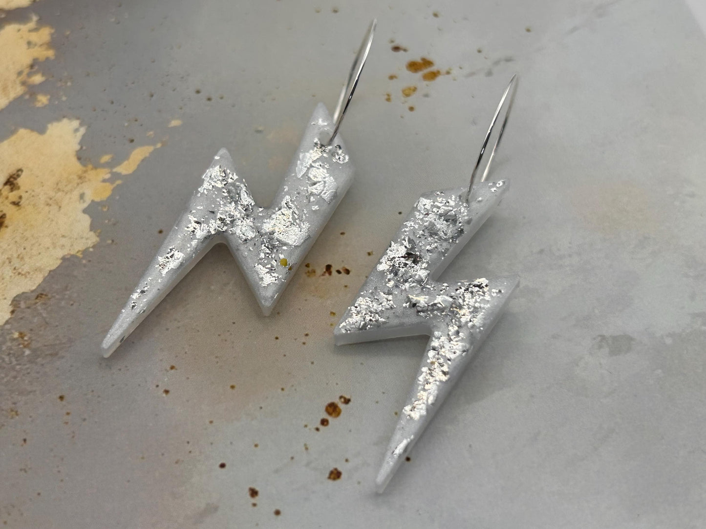 Handmade White Lightning Bolt Resin Earrings with Silver Leaf and Silver Plated Hoops