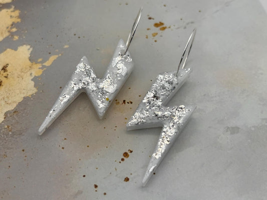 Handmade White Lightning Bolt Resin Earrings with Silver Leaf and Silver Plated Hoops
