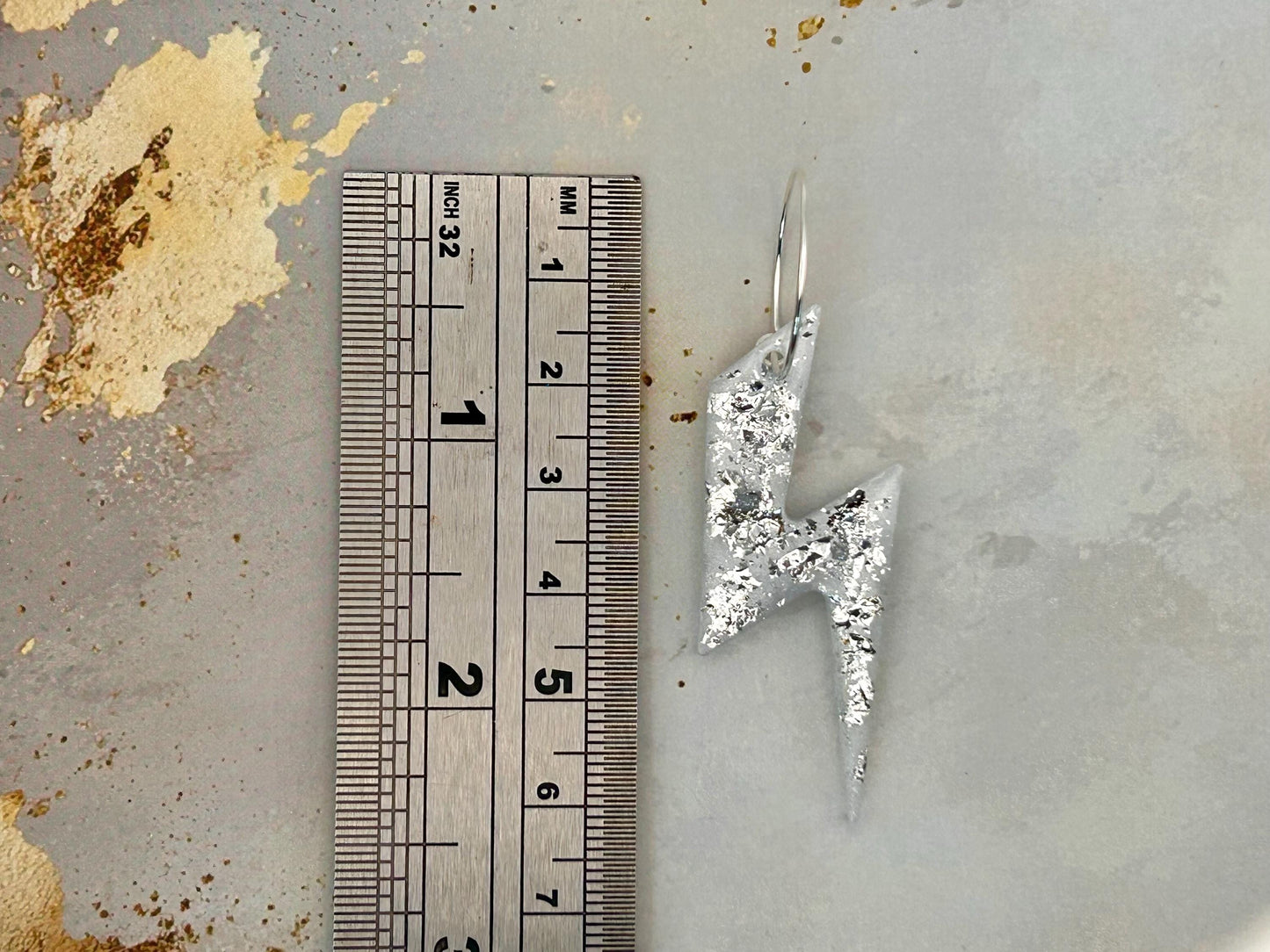 Handmade White Lightning Bolt Resin Earrings with Silver Leaf and Silver Plated Hoops