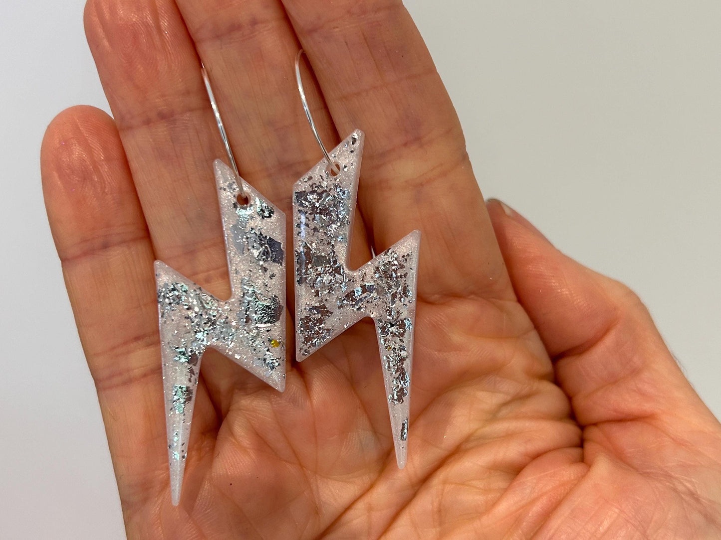 Handmade White Lightning Bolt Resin Earrings with Silver Leaf and Silver Plated Hoops