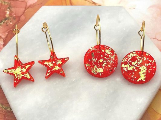 Handmade Resin Earrings. Stars or Circles with Gold Leaf on Gold Plated Hoops. Cherry Red.