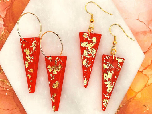 Handmade Resin Earrings. Triangle with Gold Leaf. Gold Plated Hoops or Hooks. Cherry Red.