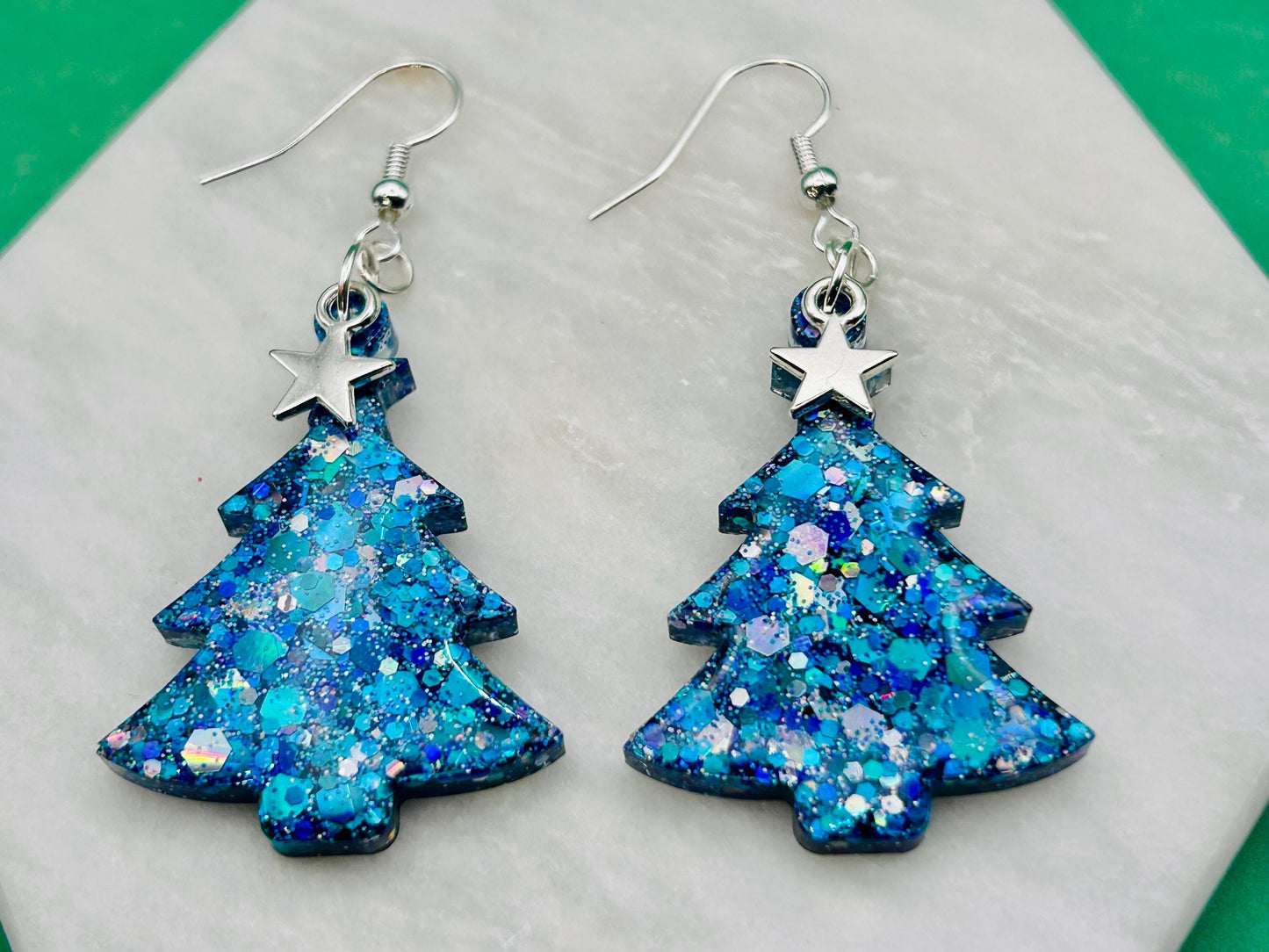 Handmade Glitter Resin Christmas Tree Earrings: Sterling Silver Hooks
