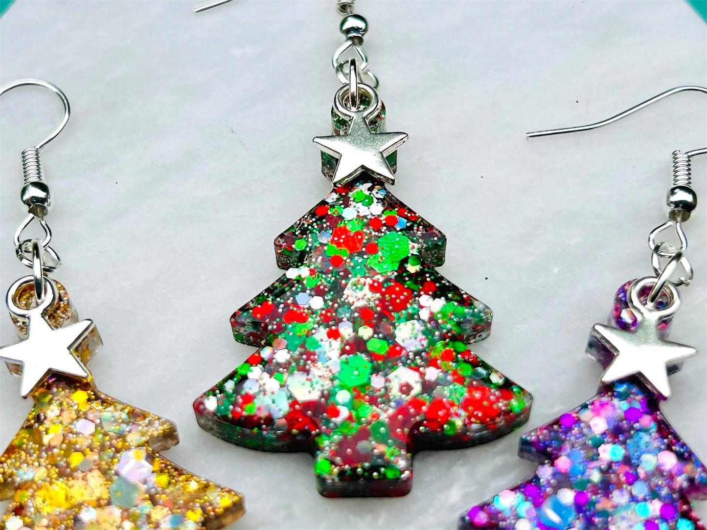 Handmade Glitter Resin Christmas Tree Earrings: Sterling Silver Star Charms