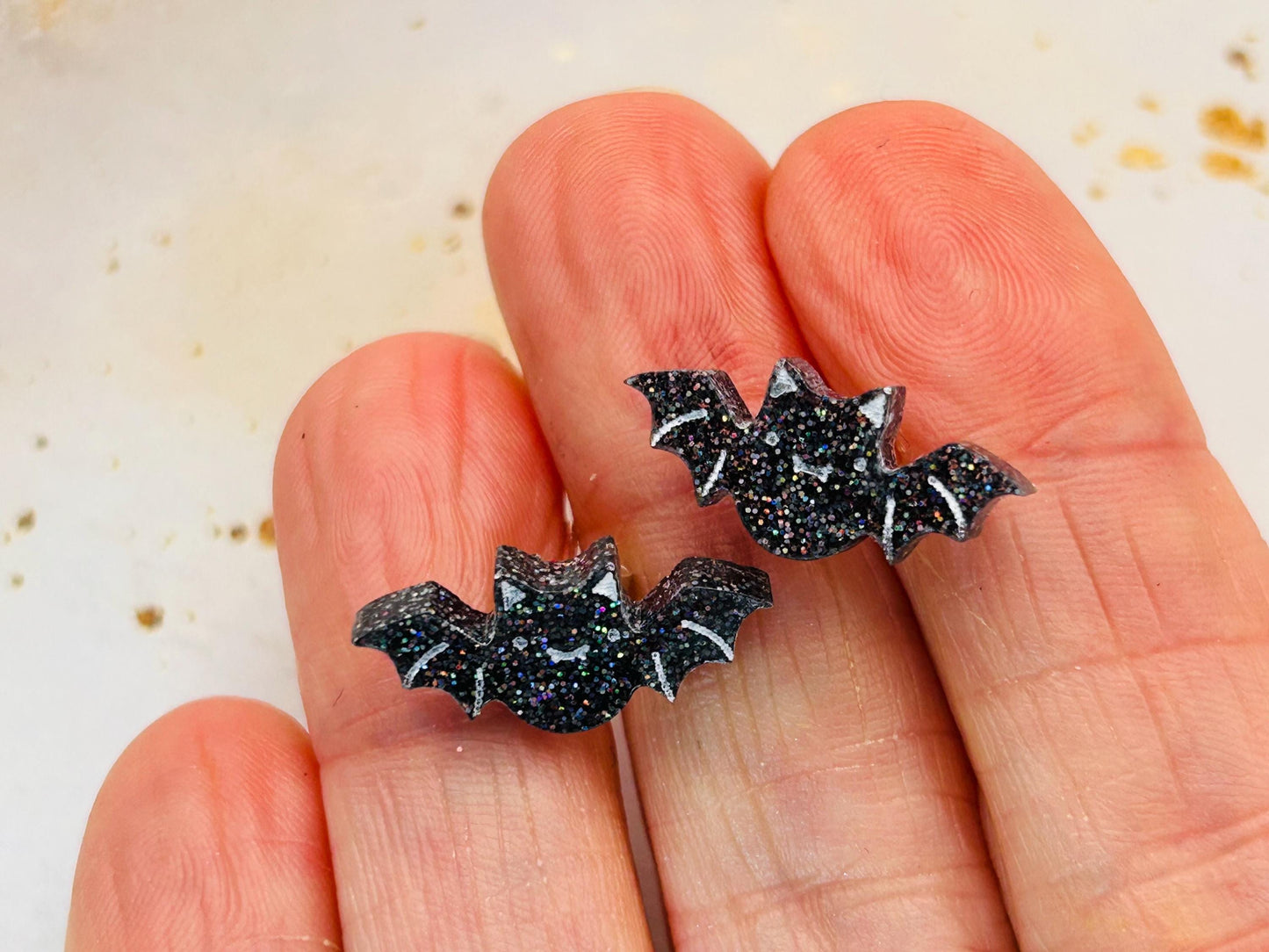 Handmade Bat Stud Earrings: Resin with Black Holographic Giltter, Stirling Silver Stud