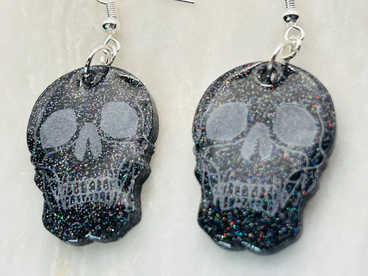 Handmade Halloween Skull Earrings: Resin with Black Holographic Giltter, Stirling Silver Hooks
